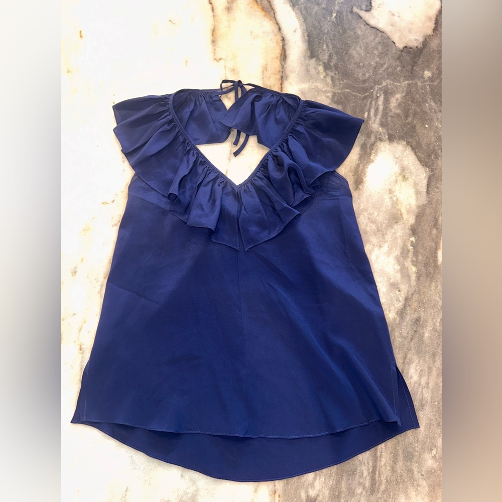 Amanda Uprichard 100% Silk Size Small Elegant Navy Ruffle Halter Top